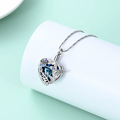 Yinplsmemory Hummingbird Cremation Jewelry Crystal Heart Urn Ashes Necklace for Women Men Memorial Keepsake Necklace of Loved One - color: Blue-Rainbow