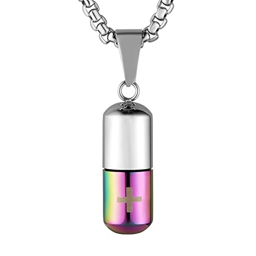 STWTR Stainless Steel Cylindrical Souvenir Capsule Pill Pendant Necklace, Cremated Ashes Pill Container Necklace - color: Purple