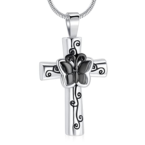 Minicremation Cremation Jewelry Cross Butterfly Urn Ashes Necklace for Women Men Loved One Memorial Ash Pendant for Human/Pet Funeral Keepsake Memorial Necklace - color: Black