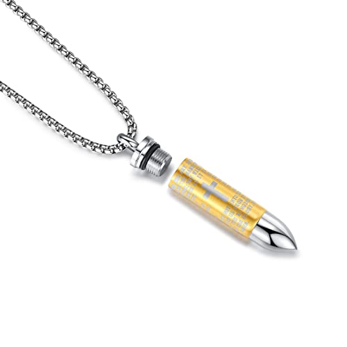 Mens Urn Necklace For Ashes Bullet Shape Cross Cremation Urn Jewelry - color: Silver-Gold