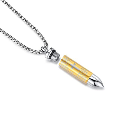 Mens Urn Necklace For Ashes Bullet Shape Cross Cremation Urn Jewelry - color: Silver-Gold