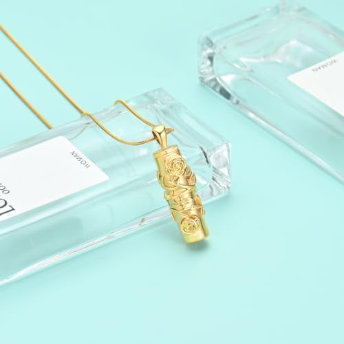 Cylinder Urn Necklace for Ashes Roseflower Cremation Jewelry Urn Ashes Necklace for Women Men Memorial Keepsake Necklace of Loved One - color: Gold