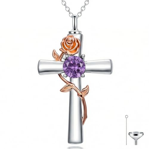 YYB Rose Flower Urn Necklaces Cross Birthstone Cremation Jewelry for Ashes Memorial Keepsake Funeral Pendant for Women - color: 02-Feb-Amethyst