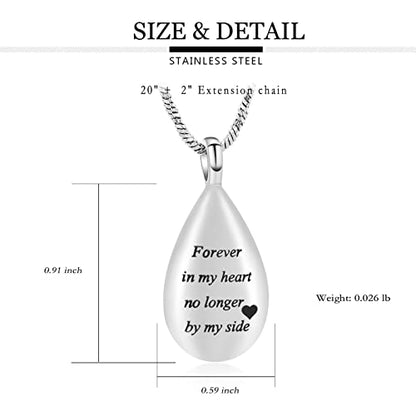 Yinplsmemory Carved Teardrop Keepsake Ashes Necklace Urn Pendant Cremation Memorial Jewelry-Always in my heart - color: Silver-Forever in my heart
