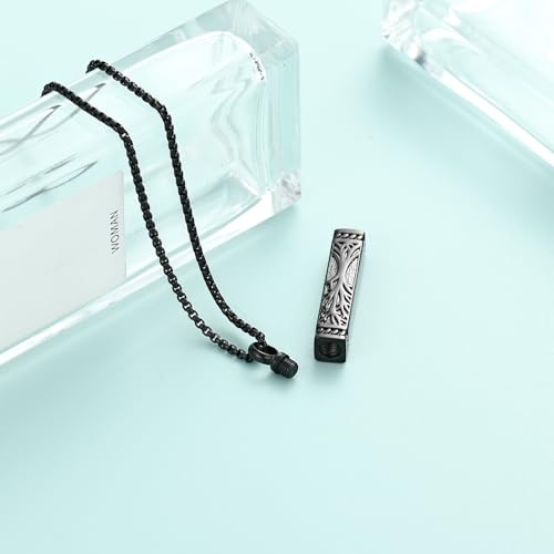 Tree of Life Urn Necklace, Stainless Steel Memorial Ashes Pendant | Tree of Life Cremation Jewelry Stainless Steel Locket Vertical Bar Keepsake Necklace Jewelry for Women Men Human Ashes - color: Black
