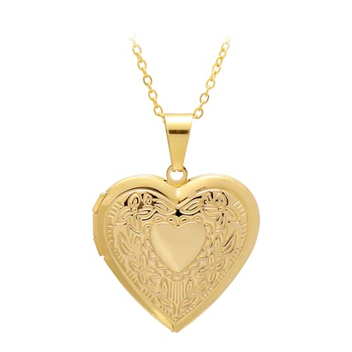 Paialco Floral Heart Pendant Golden Locket Necklace for Women | Photo Keeper, Yellow Gold, 18 Inches