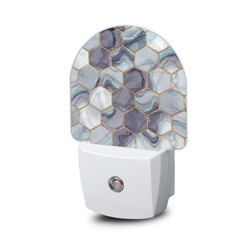 Hexagon Golden Blue Marble Night Light, Night Light Plug into Wall with Dusk to Dawn Sensor, LED Lamp Energy Saving Lights for Men Women Boys Girls,Lamp for Bedroom Bathroom Hallway - color: Golden Blue Marble