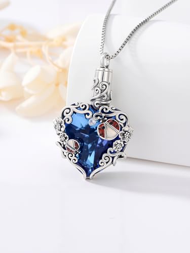 JKR Heart Urn Necklace for Ashes Crystal Keepsake Pendant Memorial Jewelry - style: Ladybug-Blue Heart