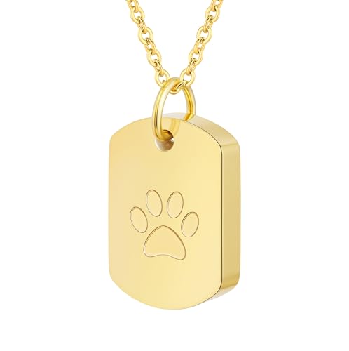 Stainless Steel Pet Memorial Urn Necklace Dog Tag Style Paw Print Cremation Jewelry for Ashes Keepsake Pendant for Beloved Dogs & Cats - color: Gold
