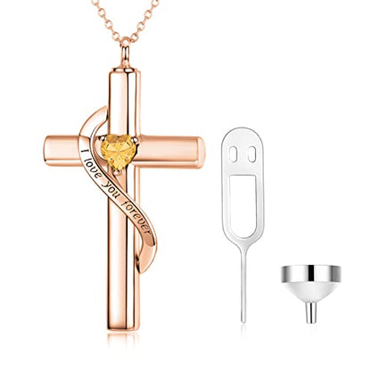 SOULMEET Crystal Cross Necklace for Ashes, Sterling Silver I Love You Forever Birthstone Cross Urn Necklaces for Ashes Keepsake Cremation Jewelry for Pet Human Ashes - style: K-Rose Gold-November