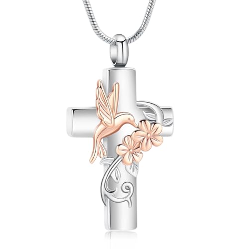 Cross Hummingbird Urn Necklace for Ashes Flower Ashes Pendant Memorial Necklace Cremation Jewelry Ashes Keepsakes Necklace Gift for Loss of Loved Ones Memorial Jewelry - color: Silver-rose