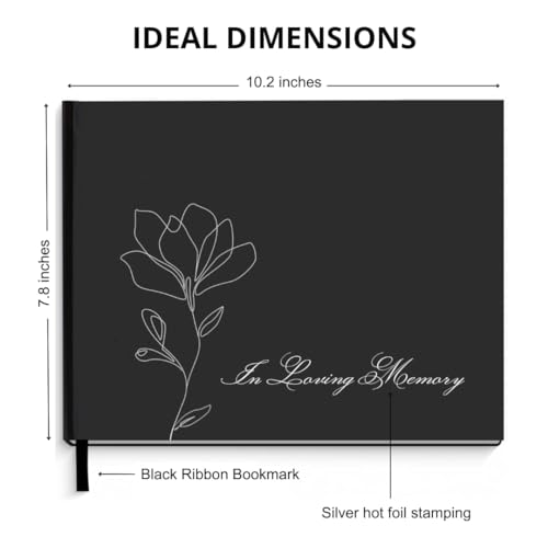 M&L STORE Funeral Guest Book with Silver Pen and Pen Holder – Memory Book for Celebration of Life with Elegant Design, 210 Guest Entries with Name & Address, 82 Pages, 10.2x7.8″, Black, Negro, FGB001