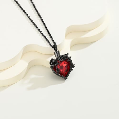 Cremation Jewelry for Ashes Rose Flower Urn Necklace with Crystal Heart Ashes Pendant Butterfly Necklaces for Women Men Memorial Keepsake Jewelry Gift - color: Black-red