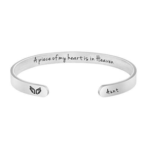 Memorial Gifts for Loss of Mom Dad In Memory of Jewelry Sympathy Bracelet | Bereavement Cuff Secret Message Engraved Grief Gifts for Women - style: Aunt Memorial-A piece of my heart is in heaven