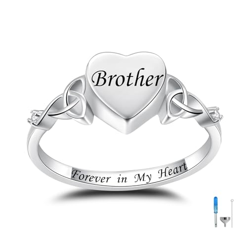Heart Cremation Ring for Ashes: 925 Sterling Silver Forever in My Heart Carved Urn Keepake Rings Memorial Jewelry for cat and dog - size: 10, style: brother