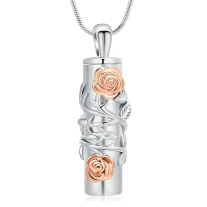 Cylinder Urn Necklace for Ashes Roseflower Cremation Jewelry Urn Ashes Necklace for Women Men Memorial Keepsake Necklace of Loved One - color: Silver-Rosegold
