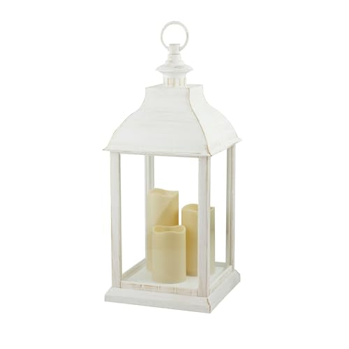 Alpine Corporation 24" Tall Indoor/Outdoor Candlelit Battery-Operated Lantern with Flickering Warm White LED Lights, Small - White - style: 22" H - White includes LED Candles