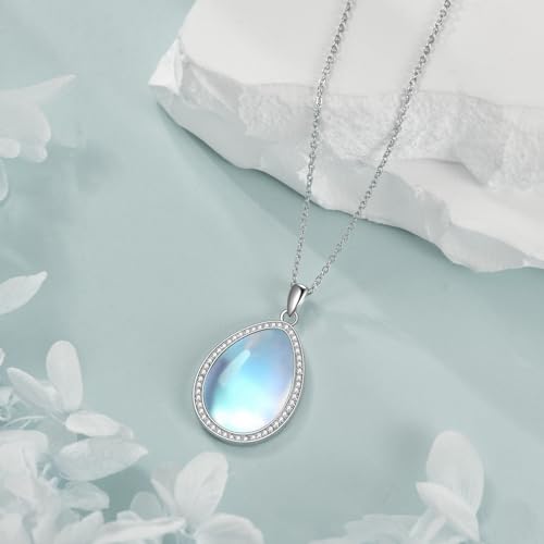 CRMAD Larimar/Opal/Lapis Lazuli/Tourmaline/Malachite/Labradorite/Turquoise/Onyx/Rose Quartz/Amber/Peridot Necklace for Women 925 Sterling Silver Teardrop Pendant Jewelry Gifts - color: Moonstone-zircon