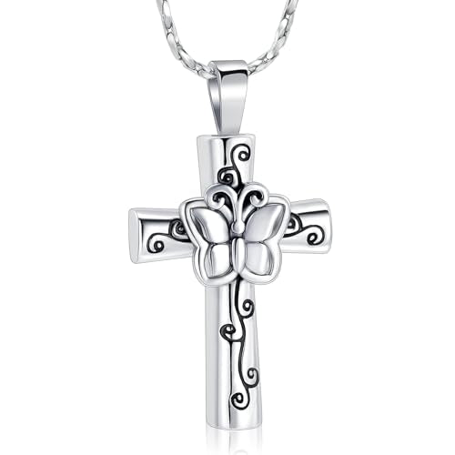 Butterfly Cross Urn Necklace for Ashes Birthstone Cremation Jewelry for Men Women Ashes Pendant Keepsake Memorial Ash Jewelry - color: Silver