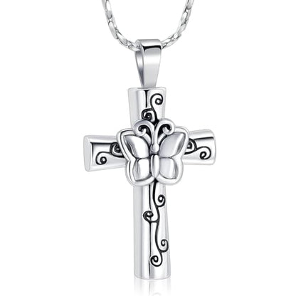 Butterfly Cross Urn Necklace for Ashes Birthstone Cremation Jewelry for Men Women Ashes Pendant Keepsake Memorial Ash Jewelry - color: Silver