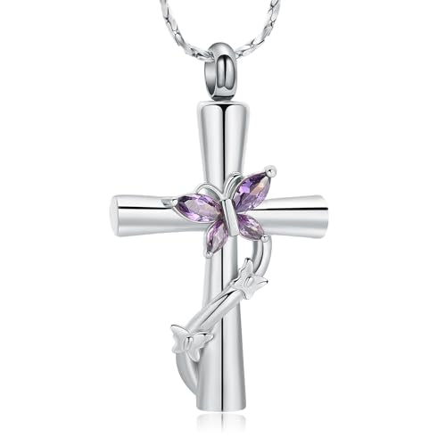 Imrsanl Cross with Butterfly Urn Necklaces for Ashes for Women | Cremation Jewelry, Memorial Ash Pendant, Keepsake for Loss of Loved One, For Human Pet Ashes - color: Silver Purple