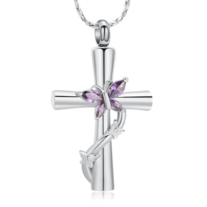 Imrsanl Cross with Butterfly Urn Necklaces for Ashes for Women - color: Silver Purple