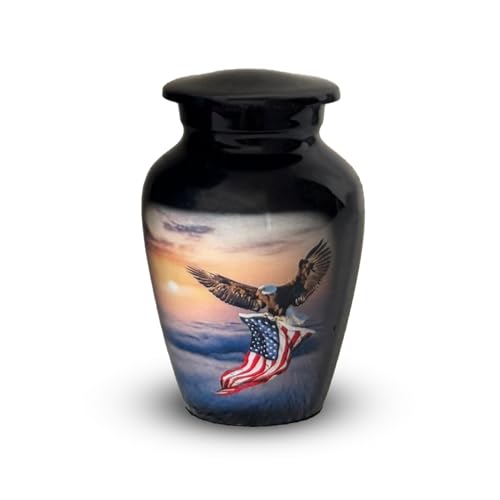 American Flag and Eagle Keepsake Urn for Ashes, 2.7 cu in (About 3 tbsp) | Hand-finished aluminum with threaded lid. Velvet gift box included. Design honors veterans and service members. - color: Black, size: Small