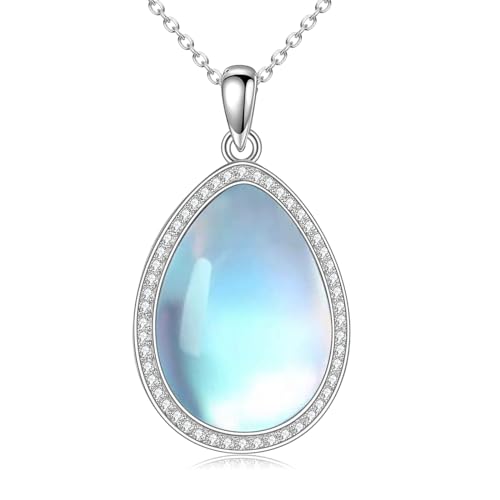 CRMAD Larimar/Opal/Lapis Lazuli/Tourmaline/Malachite/Labradorite/Turquoise/Onyx/Rose Quartz/Amber/Peridot Necklace for Women 925 Sterling Silver Teardrop Pendant Jewelry Gifts - color: Moonstone-zircon