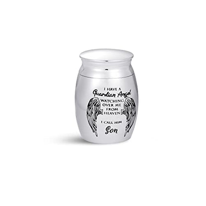 Men Son My Guardian Angel Mini Cremation Urns for Human Ashes Holder for Family Grandpa Grandfather Grandpapa Memorial Keepsake Stainless Steel 1.6"" Angel Wings - color: "Son, My Guardian Angel"