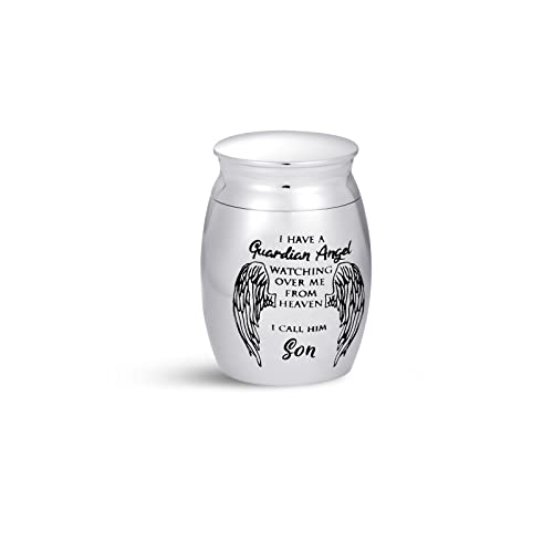 Men Son My Guardian Angel Mini Cremation Urns for Human Ashes Holder for Family Grandpa Grandfather Grandpapa Memorial Keepsake Stainless Steel 1.6"" Angel Wings - color: "Son, My Guardian Angel"