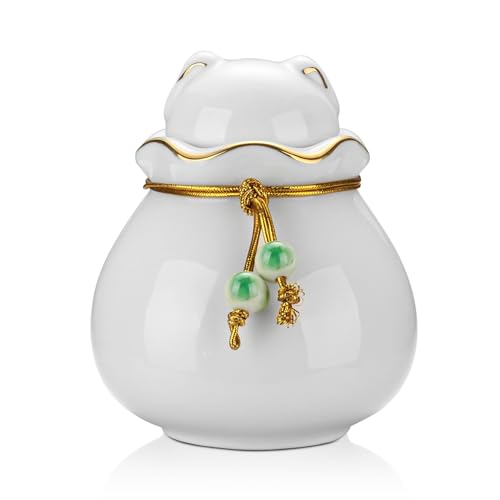 SOITIS Pet Memorial Urn for Cat or Dog Ashes - 3.54"x3.15" Elegant Ceramic Keepsake Holder with Pet-Shaped Lid & Gold Trim, Small White Urn for Pet Ashes Portable Size Urns - color: White