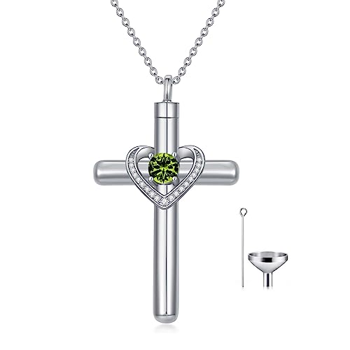 AOBOCO Cross Necklace for Ashes, Sterling Silver Birthstone Cross Urn Necklaces for Ashes Embellished with Crystals from Austria Keepsake Cremation Jewelry for Pet Human Ashes - color: 08-peridot-Aug