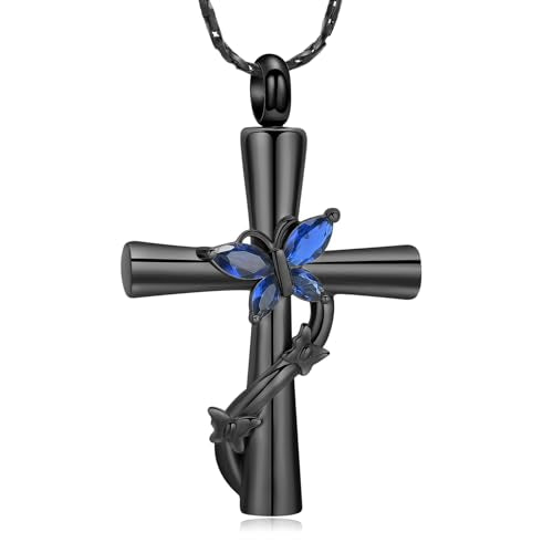 Butterfly Cross Urn Necklace for Ashes Crystal Butterfly Cremation Jewelry Ashes Pendant for Women Men Memorial Keepsake Jewelry for Human shes of Loved Ones - color: Black&Blue