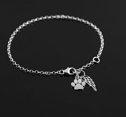 Sterling Silver Paw & Angel Wing Bracelet - Pet Loss Memorial Gift