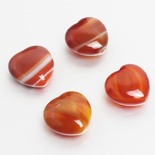 Red Agate Heart Worry Stones, 1.2 Inch, Set of 4 | Polished Heart Crystals, Palm and Pocket Stones, Reiki Meditation Accessories, Love Carved Stones, Crystal Gift Set - color: Red Agate