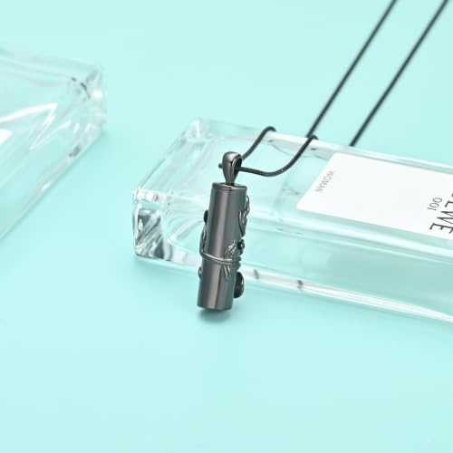 Cylinder Urn Necklace for Ashes Roseflower Cremation Jewelry Urn Ashes Necklace for Women Men Memorial Keepsake Necklace of Loved One - color: Black