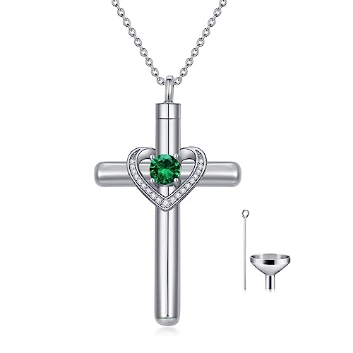 AOBOCO Cross Necklace for Ashes, Sterling Silver Birthstone Cross Urn Necklaces for Ashes Embellished with Crystals from Austria Keepsake Cremation Jewelry for Pet Human Ashes - color: 05-emerald-May