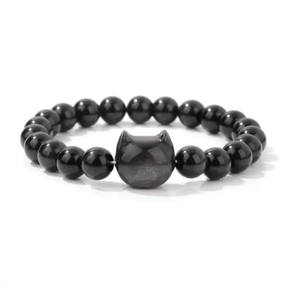 LINGYUAN Black Obsidian Cat Bracelet, Natural Stone Beaded Bracelet for Protection Luck and Energy Balance, Handmade Healing Crystal Jewelry Gift for Women and Men - color: cat face