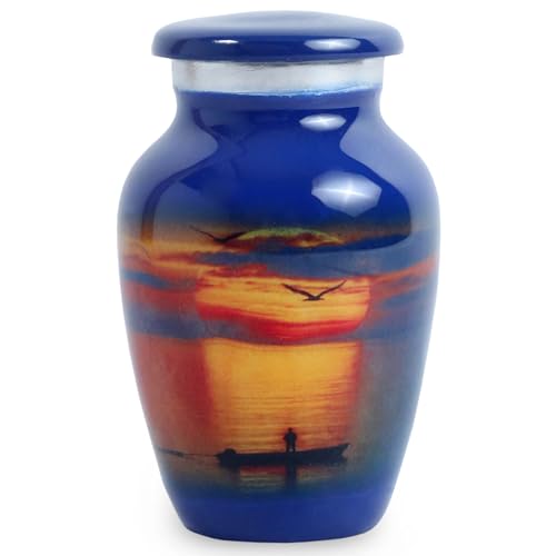 Sunset Blue Keepsake Urn for Human Ashes – Handcrafted Metal Aluminum Mini Cremation Urn with Velvet Bag & Gift Box – Small Memorial Ash Holder for Sharing Loved One’s Ashes – Decorative Funeral Urn