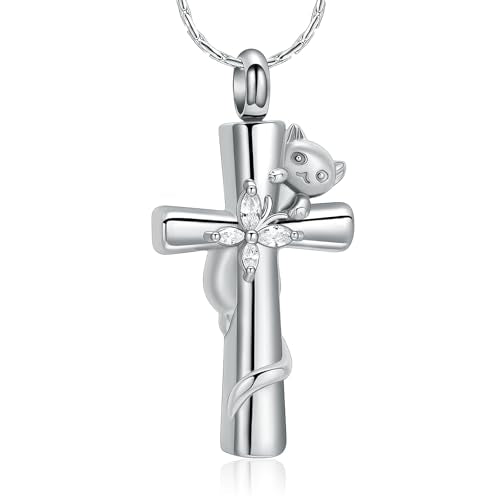 constantlife Cross Urn Necklace for Ashes Cat Butterfly Cremation Jewelry for Women Men Memorial Pendant Chain Human Pet Ashes Holder - color: Silver