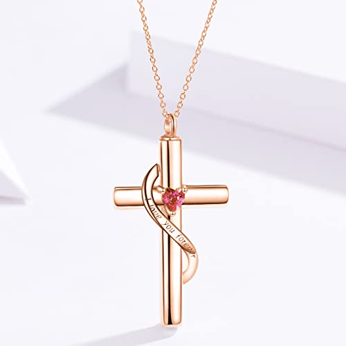 SOULMEET Crystal Cross Necklace for Ashes, Sterling Silver I Love You Forever Birthstone Cross Urn Necklaces for Ashes Keepsake Cremation Jewelry for Pet Human Ashes - style: A-Rose Gold-January
