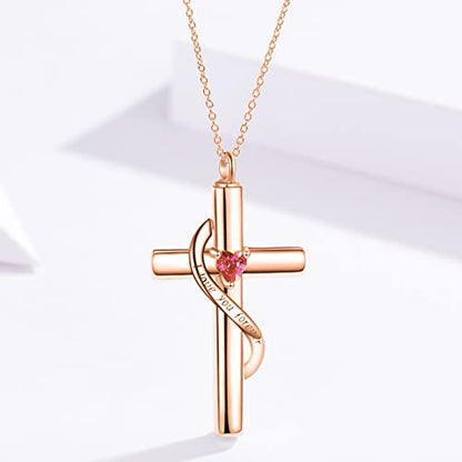 SOULMEET Crystal Cross Necklace for Ashes, Sterling Silver I Love You Forever Birthstone Cross Urn Necklaces for Ashes Keepsake Cremation Jewelry for Pet Human Ashes - style: A-Rose Gold-January