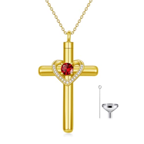 AOBOCO Cross Necklace for Ashes, Sterling Silver Birthstone Cross Urn Necklaces for Ashes Embellished with Crystals from Austria Keepsake Cremation Jewelry for Pet Human Ashes - color: 01-garnet-Jan-18k Gold-Plated