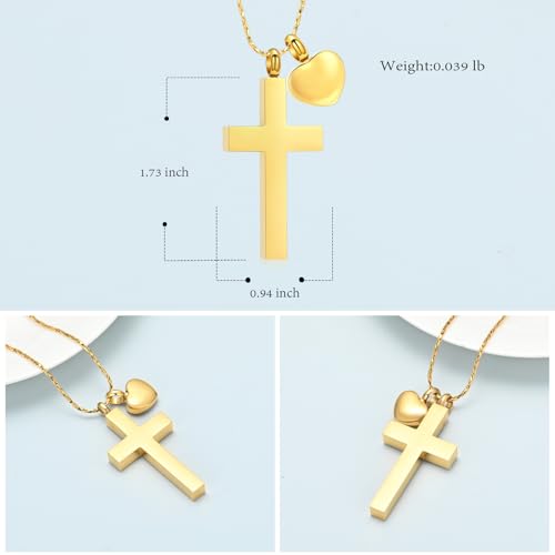 Imrsanl Religious Cross Urn Necklace Cremation Jewelry Keepsake | Stainless Steel, Memorial Urn Pendant, For Human Pet Ashes, For Women Men - color: Gold with Heart