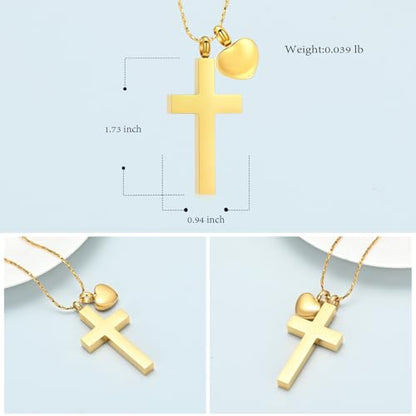 Imrsanl Religious Cross Urn Necklace Cremation Jewelry Keepsake | Stainless Steel, Memorial Urn Pendant, For Human Pet Ashes, For Women Men - color: Gold with Heart