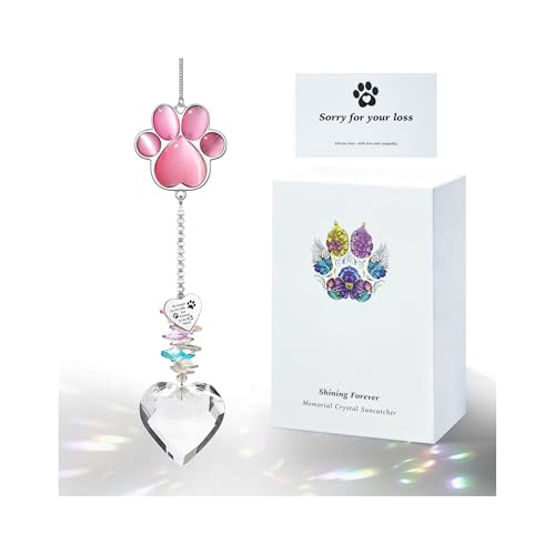 Dog Memorial Gifts, Pet Memorial Suncatcher, Loss of Dog Sympathy Gift | Thoughtful Dogs and Cats Bereavement Remembrance Gifts, Natural Cat's Eye Stone Paw Crystal Suncatcher - color: Pink