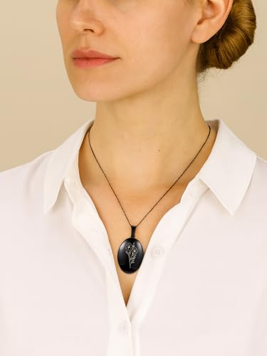 Custom Photo Locket Necklace Women Personalized Text Birth Flower Necklace that Hold Picture Stainless Steel Memorial Jewelry for Mothers Day Christmas - color: Black