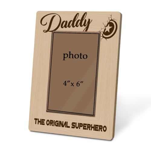 Daddy Superhero Picture Frame for 4 x 6 Photo, Rustic Wooden Tabletop Keepsake, Heartwarming First Father’s Day Birthday Christmas Gift for Dad - color: Father05