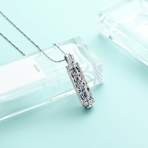 Tree of Life Urn Necklace for Women Men Cylinder Bar Memorial Ash Pendant | Tree of Life Cremation Jewelry,Stainless Steel Keepsakes Necklaces,Vial Ashes Pendant - color: Silver-Blue