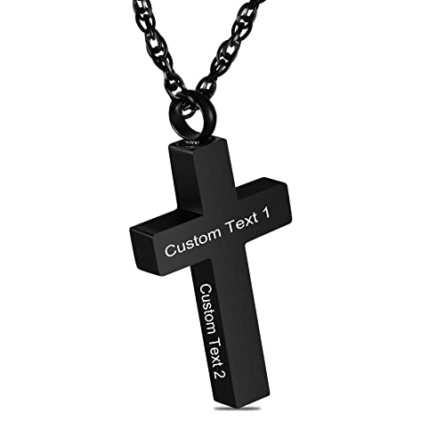 Cremation Cross Necklace for Ashes, Blank Cross Urns Locket Pendant Ashes Holder Stainless Steel Memorial Jewelry - color: Black - Engraving